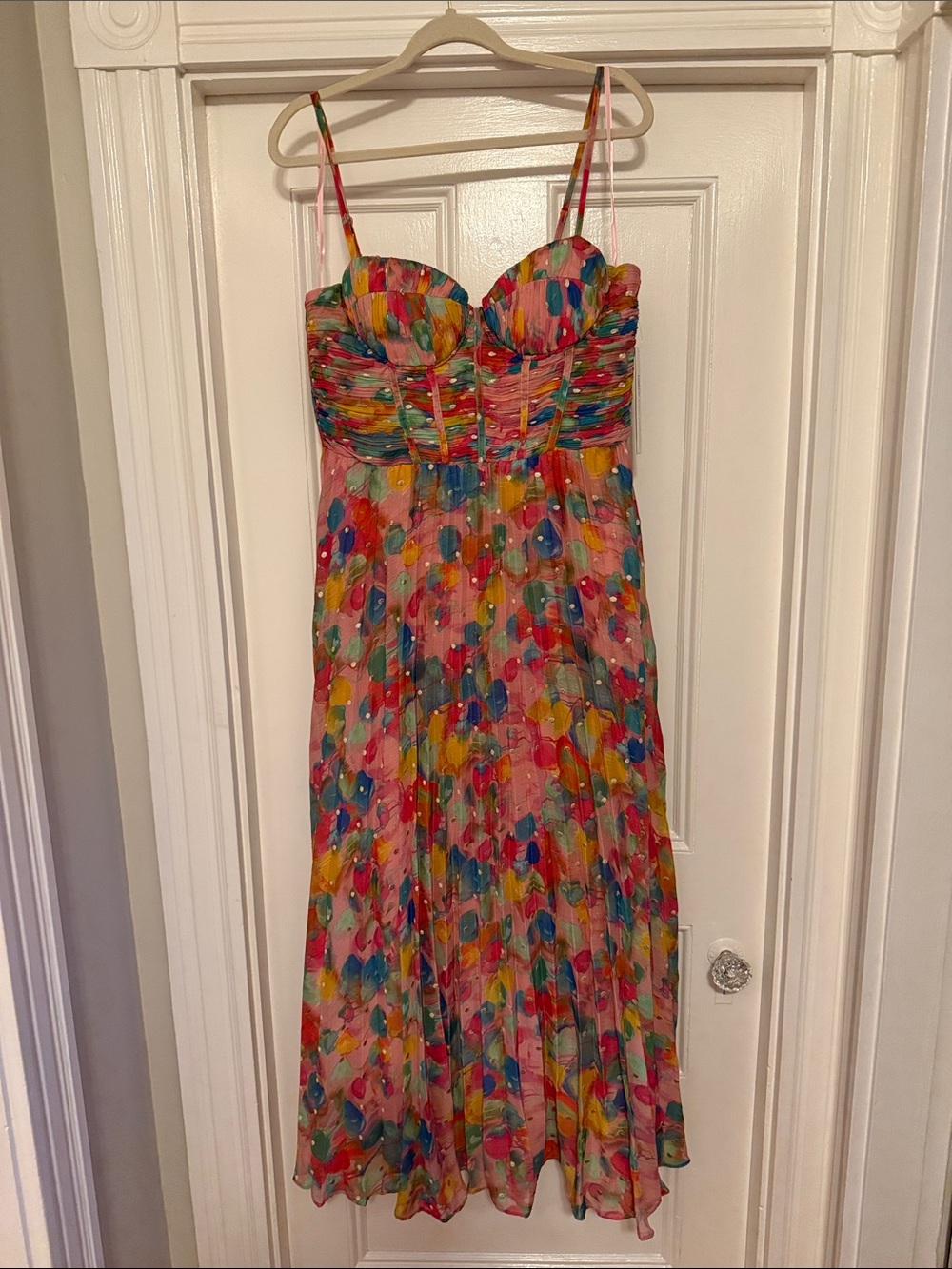 Colorful Polka-Print Spaghetti Strap Dress Aqua XXL NWT gold pink blue